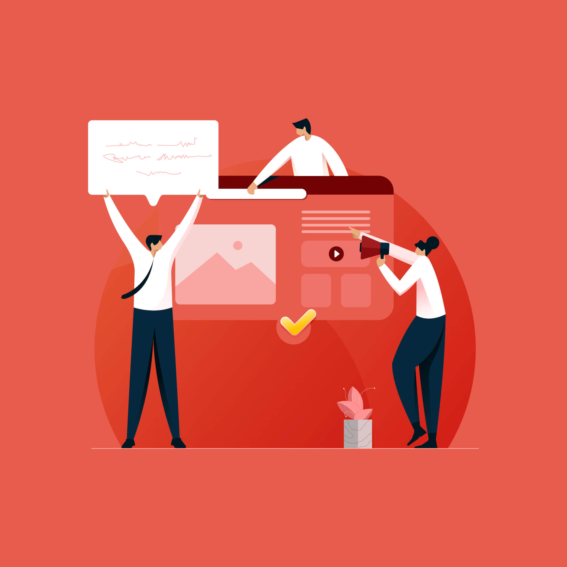 Illustration of three persons standing around a giant screen, one person holding up a giant speech bubble, another holding a megaphone. 