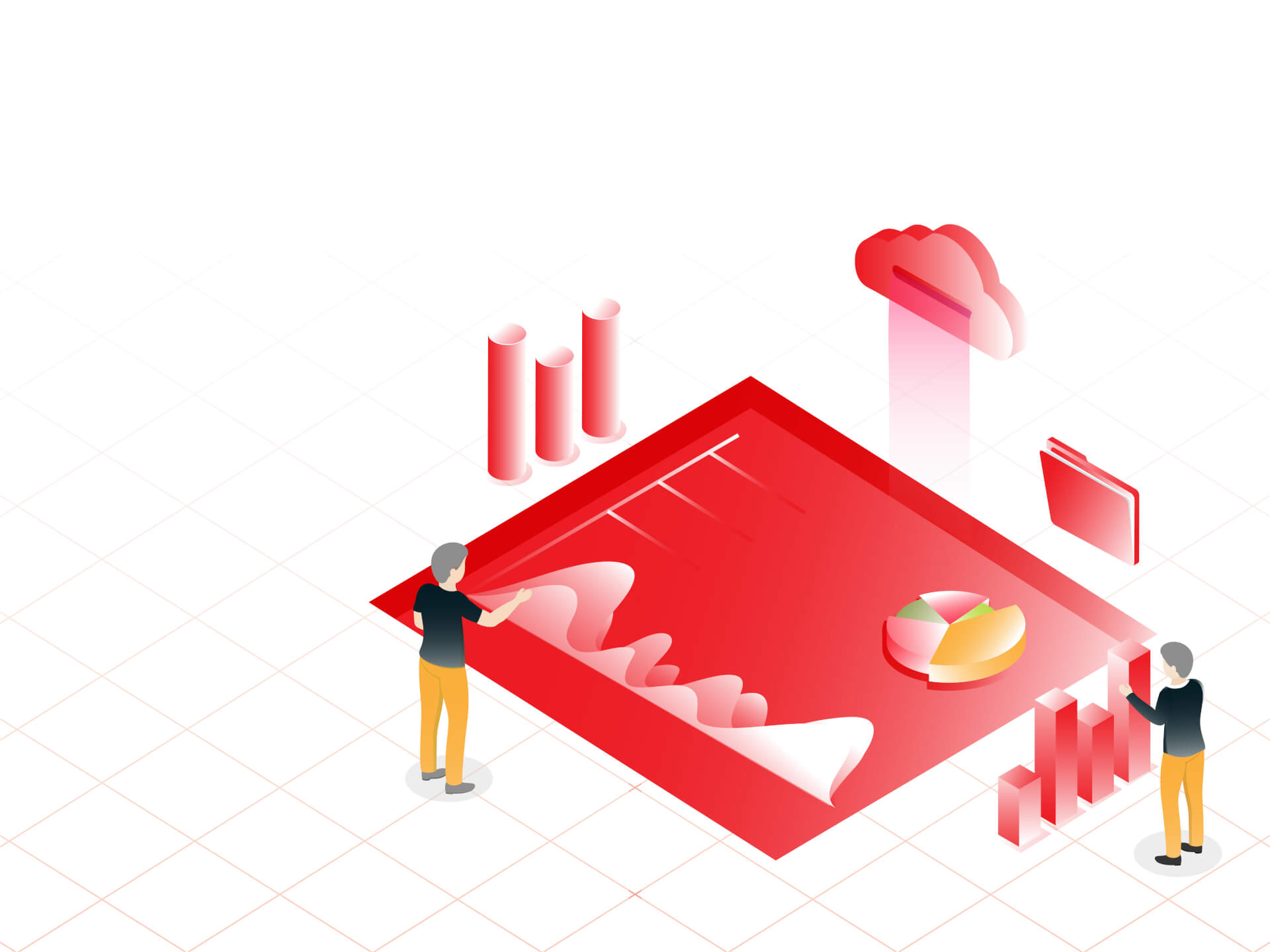 Illustration iof a giant statistical display on the floor. two men are closely inspecting the information.